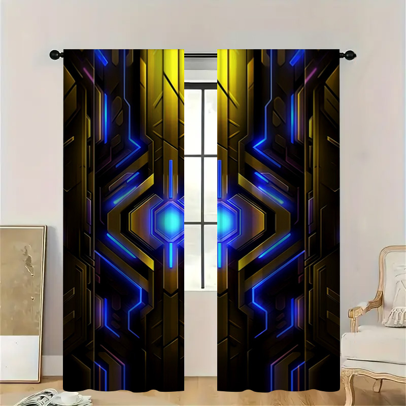 Office Print Tech - 2pcs Geometric Tech Curtains with Rod